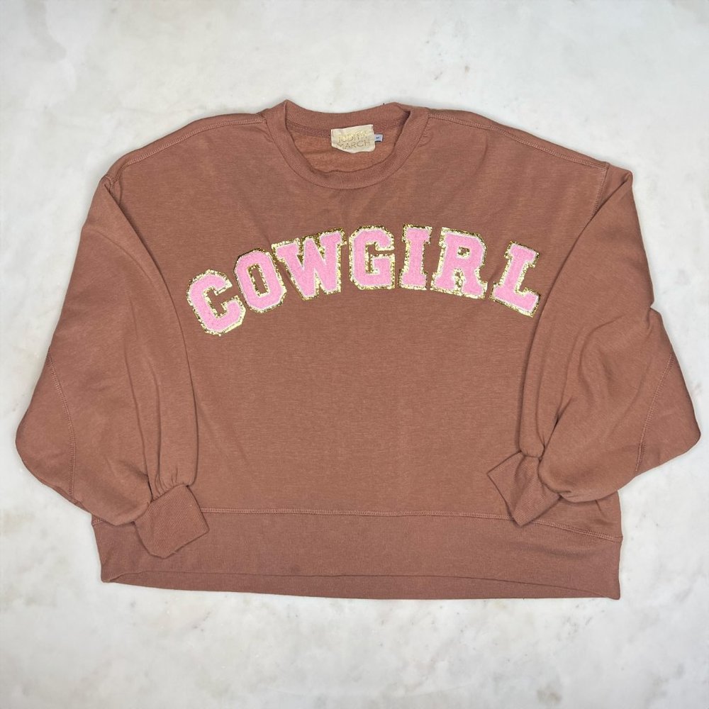 Judith Marks "Cowgirl" Oversize Chenille Patch Crewneck, Size Small